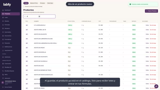 Fotograma de LABFY durante el tutorial «Dar de alta una materia prima»
