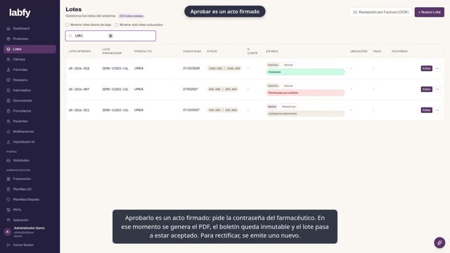 Fotograma de LABFY durante el tutorial «Calidad del lote y orden de consumo»