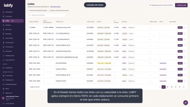 Fotograma de LABFY durante el tutorial «Lotes de materia prima»