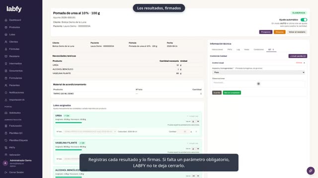 Fotograma de LABFY durante el tutorial «Control de calidad y firma»